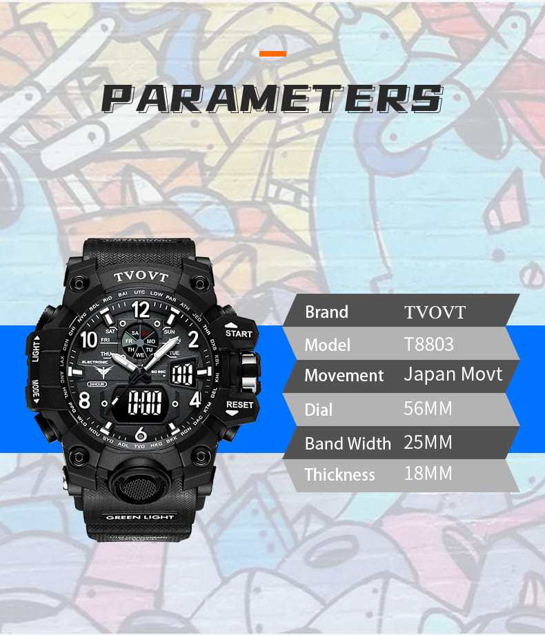 TVOVT 5Bar 8803 Waterproof Dual Display Digital Sport Watch